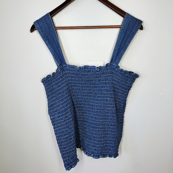 She's Cool Top Womens Plus 1X Blue Denim Floral Embroidered Smocked Cottagecore - Picture 3 of 8